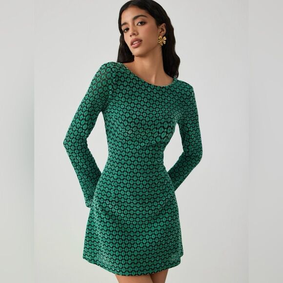 CIDER Round Neck Retro Geometric Tie Back Mini Dress - Picture 3 of 9